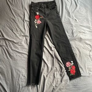 Size 4 black jeans with rose embroidery